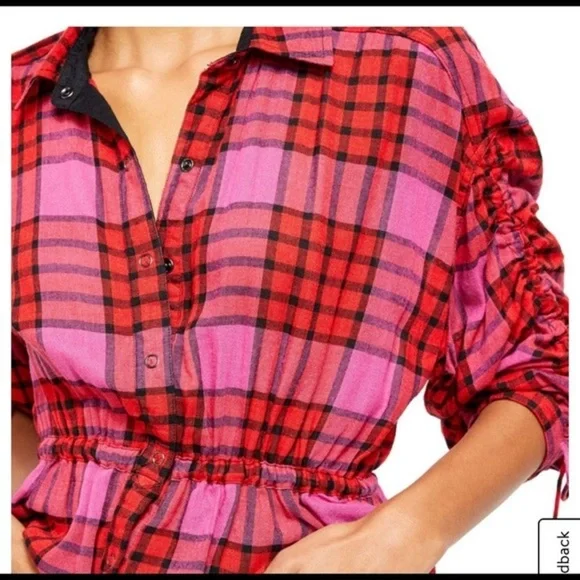 New We The Free People Red Plaid Combo Boho Gathered Peplum Top NWT - Picture 4 of 16